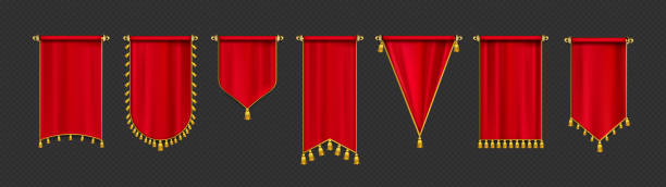 Red pennant flags mockup, blank hanging banners Red pennant flags mockup, blank hanging banners with golden tassels, rounded, concave, pointed and double edges. Medieval heraldic ensign templates, canvas. Realistic 3d vector icons isolated set fringe stock illustrations