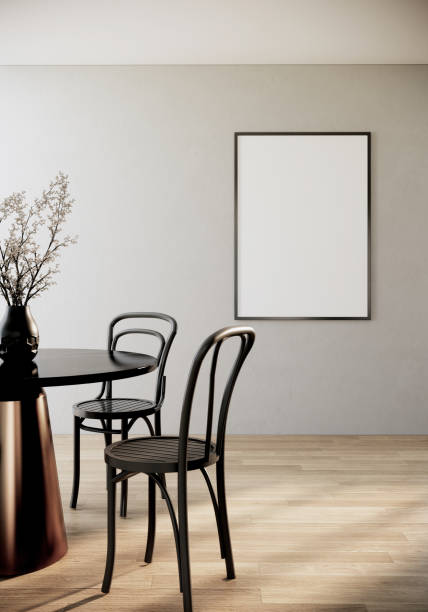 istock vertical picture frame mock up in modern dinning room interior with black chairs and round dining table with wooden floor and white wall, 3d rendering 1306441490