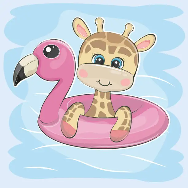 Vector illustration of Cute cartoon Giraffe swimming on inflatable flamingo.