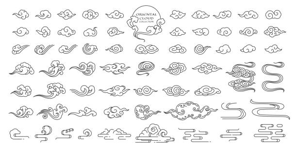 ilustraciones, imágenes clip art, dibujos animados e iconos de stock de conjunto de vectores de ilustración de nubes orientales - cultura japonesa