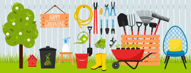 A collection of garden tools and equipment for gardening on the background of a wooden fence and lawn grass.Wheelbarrow, rubber boots, apple tree. Large set of vector illustrations.flat cartoon style A collection of garden tools and equipment for gardening on the background of a wooden fence and lawn grass.Wheelbarrow, rubber boots, apple tree. Large set of vector illustrations.flat cartoon style. trowel gardening shovel gardening equipment stock illustrations