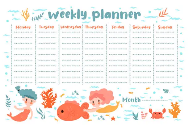 Vector illustration of Weekly planner with mermaids and sea animals. Vector graphics.