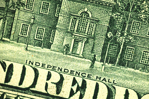 Independence Hall macro photo from US hundred dollar bill, close-up