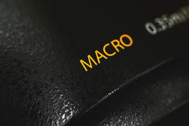 Photo of Macro marking on DSLR camera lens, close-up