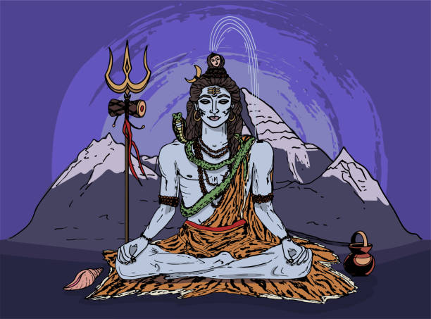 ilustrações, clipart, desenhos animados e ícones de deus shiva. mahadev senta-se, adornado com contas de rudraksha, com uma cobra no pescoço e um ganges na cabeça. - trishula