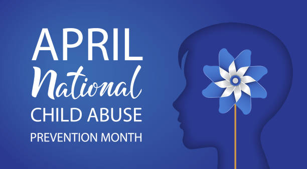 National Child Abuse Prevention Month. April. Boy silhouette with pinwheel on blue background. National Child Abuse Prevention Month. April. Boy silhouette with pinwheel on blue background. Stop child violence. Template for banner, card, poster with text inscription. Vector illustration. child abuse stock illustrations