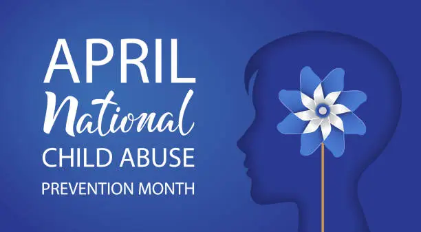 Vector illustration of National Child Abuse Prevention Month. April. Boy silhouette with pinwheel on blue background.