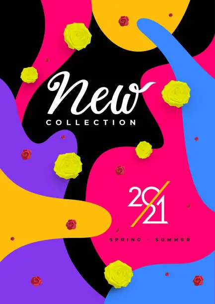 Vector illustration of Spring - Summer banner new collection 2021 with flowers for online shopping, advertising actions, magazines and websites. Realistic vector illustration. Isolated on black background.