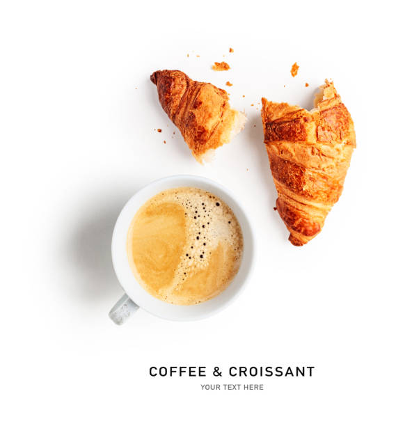 Coffee cup and fresh croissant layout Coffee cup and fresh croissant creative layout on white background. Healthy eating and sweet food concept. French breakfast. Flat lay, top view. Design element baked pastry item stock pictures, royalty-free photos & images