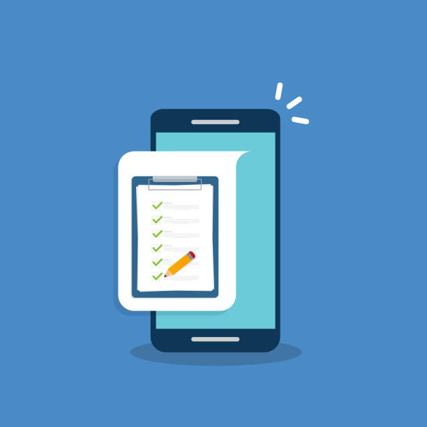 istock Check list document on smartphone, smartphone with paper check list and to do list with checkboxes, concept of survey, online quiz, completed things or done test, feedback. 1306460976