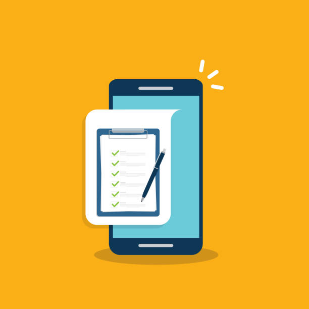 istock Check list document on smartphone, smartphone with paper check list and to do list with checkboxes, concept of survey, online quiz, completed things or done test, feedback. 1306460999