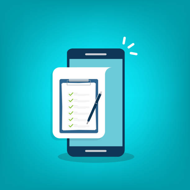 istock Check list document on smartphone, smartphone with paper check list and to do list with checkboxes, concept of survey, online quiz, completed things or done test, feedback. 1306461009