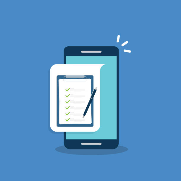 istock Check list document on smartphone, smartphone with paper check list and to do list with checkboxes, concept of survey, online quiz, completed things or done test, feedback. 1306461034