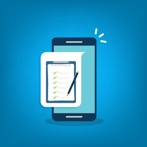 istock Check list document on smartphone, smartphone with paper check list and to do list with checkboxes, concept of survey, online quiz, completed things or done test, feedback. 1306461049