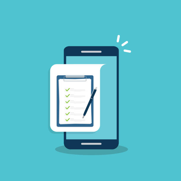 istock Check list document on smartphone, smartphone with paper check list and to do list with checkboxes, concept of survey, online quiz, completed things or done test, feedback. 1306461067