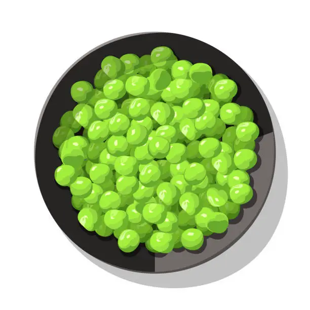 Vector illustration of Green peas in black bowl on white background