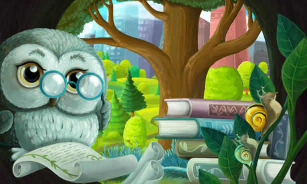 istock cartoon scene with wise owl in its tree house learning reading books near the city - illustration 1306462349
