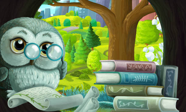 istock cartoon scene with wise owl in its tree house learning reading books near the city - illustration 1306462925