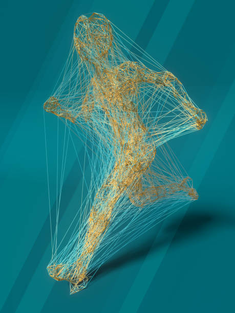istock Colored running wire man from lines and dots on the blue background. Self-improvement concept. 3d rendering illustration 1306464602