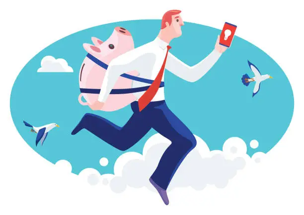 Vector illustration of businessman carrying piggybank with smartphone