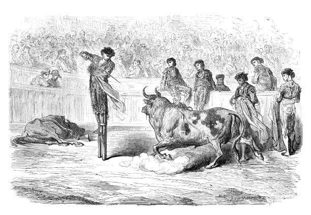 Torero Miguel Lopez Gorrito mounted on stilts at bullring in Seville Spain Torero Miguel Lopez Gorrito mounted on stilts at bullring in Seville
Original edition from my own archives
Source : Tour du monde 1867
Drawing : G. Doré - L. Dumont bullfighter stock illustrations