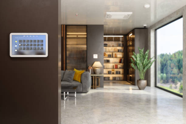 Smart Home Control System With App Icons On A Digital Screen In Living Room With Blurred Background.