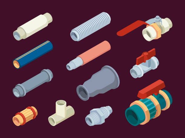 Pipe counters. Valves temperature and water measuring scale plumbing equipment steel counters garish vector isometric illustrations Pipe counters. Valves temperature and water measuring scale plumbing equipment steel counters garish vector isometric illustrations. Pipe and valve, water piping and gas supply tube flange stock illustrations