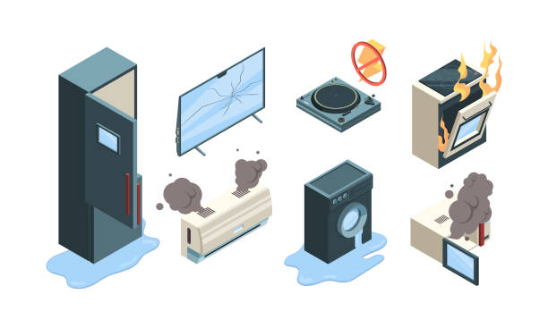 Broken appliances. Electronic technics home problems with gadgets washing machine conditioner boiler microwave tv fire garish vector isometric set Broken appliances. Electronic technics home problems with gadgets washing machine conditioner boiler microwave tv fire garish vector isometric set. Illustration broken appliance equipment appliance fire stock illustrations