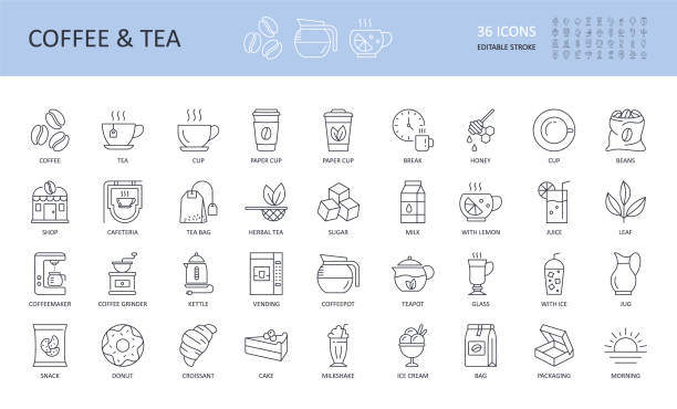 illustrations, cliparts, dessins animés et icônes de icônes vectorielles de ligne de café de thé. cup break haricots machine en verre vendant du lait donut cake croissant jug kettle grinder sugar bag cafeteria leaf juice morning herbal teapot lemon milkshake - hot drink