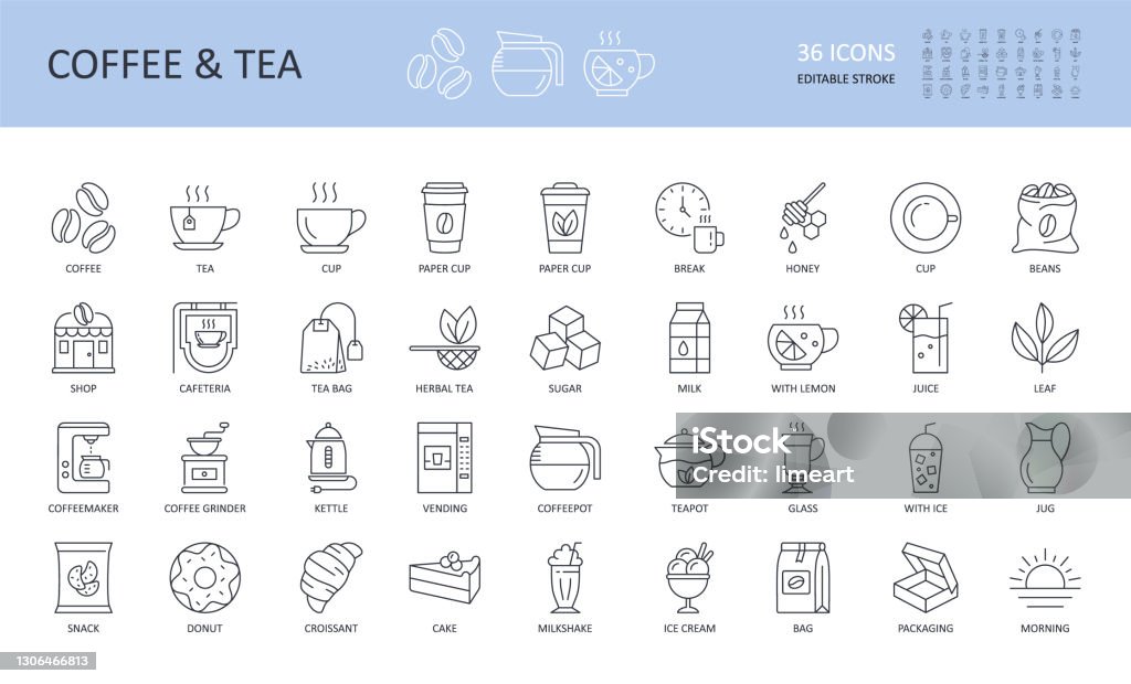 Vector line icons of tea coffee shop. Cup break beans glass machine vending milk donut cake croissant jug kettle grinder sugar bag cafeteria leaf juice morning herbal teapot lemon milkshake - Royalty-free Símbolo de ícone arte vetorial