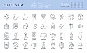 Vector line icons of tea coffee shop. Cup break beans glass machine vending milk donut cake croissant jug kettle grinder sugar bag cafeteria leaf juice morning herbal teapot lemon milkshake