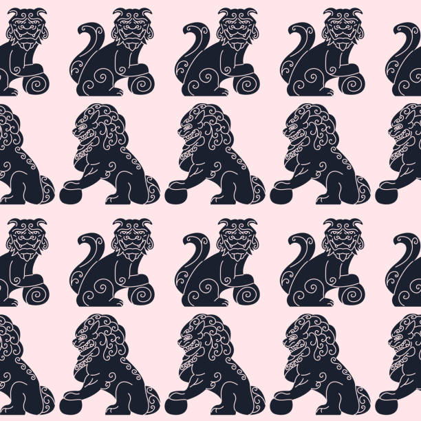 ilustrações de stock, clip art, desenhos animados e ícones de komainu dog, ancient asian statue seamless pattern vector illustration. - chinese temple dog