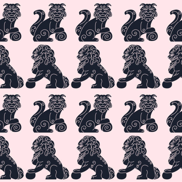 Komainu dog, ancient Asian statue seamless pattern vector illustration. Guardian lion texture design. Historical symbol background. chinese temple dog stock illustrations