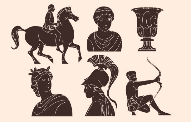 Ancient Greek mythology statues collection. Marble simple flat design sculptures set. Antique historical museum elements human representation stock illustrations