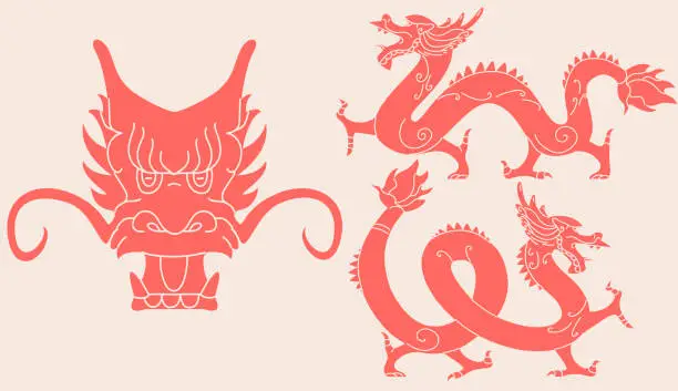 Vector illustration of Asian ancient dragons flat cartoon illustration set.