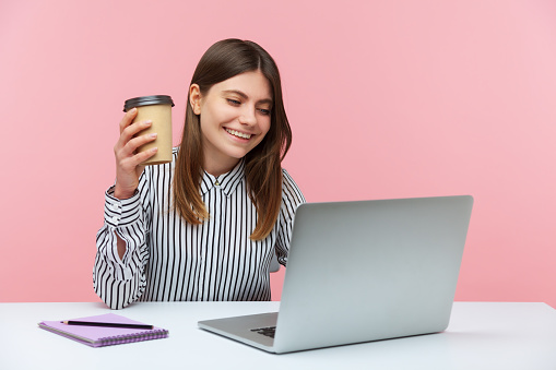 Positive full of energy woman office worker in striped shirt holding cup of coffee looking at laptop display with smile, working pc, inspiration. Indoor studio shot isolated on pink background