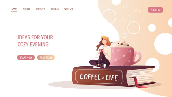 Huge cup, book and woman relaxing and drinking coffee. Coffee shop, break, cafe-bar, coffee lover concept. Vector illustration for poster, banner, website.
