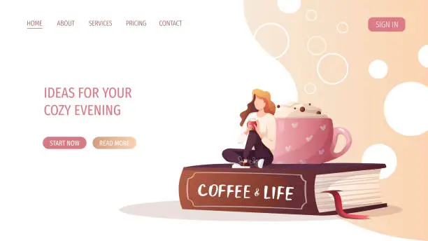 Vector illustration of Huge cup, book and woman relaxing and drinking coffee. Coffee shop, break, cafe-bar, coffee lover concept.