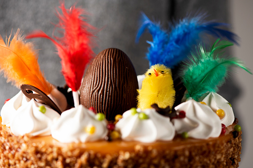 closeup of a young man carrying a spanish mona de pascua, a cake eaten on Easter Monday, ornamented with a chocolate egg, a plush chick and feathers of different colors
