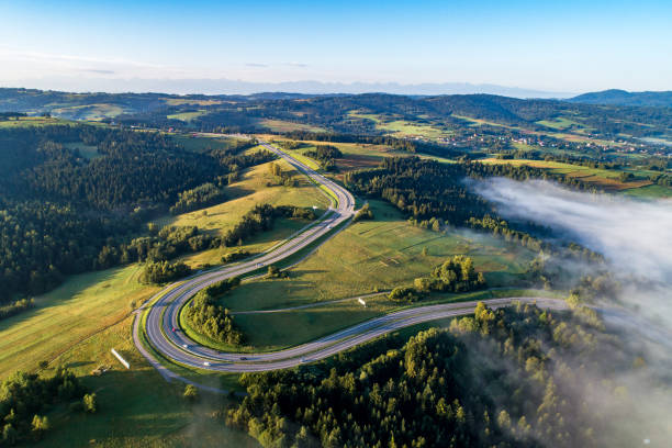 Winding switchback road in Poland stock photo