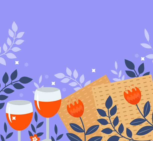 ilustrações, clipart, desenhos animados e ícones de cartão de saudação da páscoa, pôster, convite, panfleto. modelo pesach para o seu design com matzah e flores de primavera. fundo de férias judaico. ilustração vetorial - passover