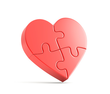 Red heart shaped puzzle on white background. 3d illustration