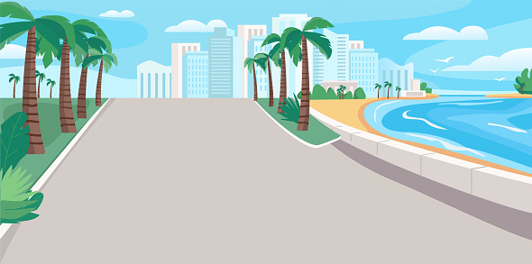 Luxury seaside resort boulevard flat color vector illustration. Waterfront street with skyscrapers and tropical palms. Seafront 2D cartoon landscape with sandy beach and city buildings on background
