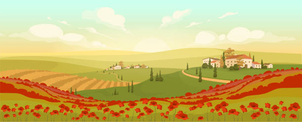 классический тосканский пейзаж плоский цвет вектор иллюстрации - tuscany stock illustrations