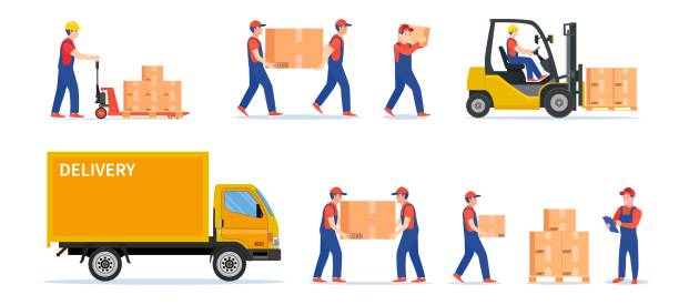 работники склада с ящиками для посылок - warehouse stock illustrations
