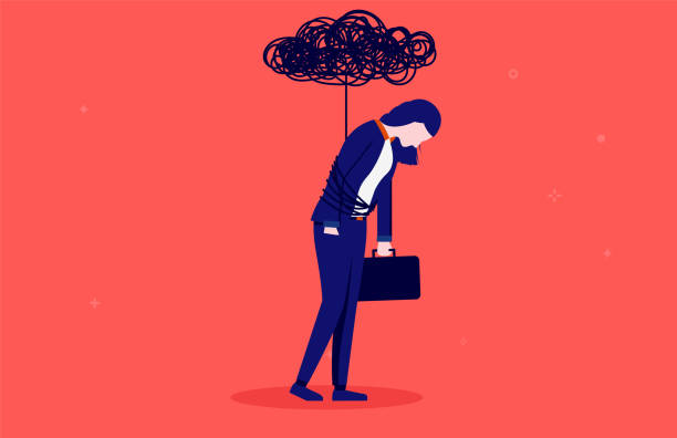 Businesswoman depressed and tied up with black cloud from overwork Woman brain fog and depression concept. Vector illustration. mental burnout stock illustrations
