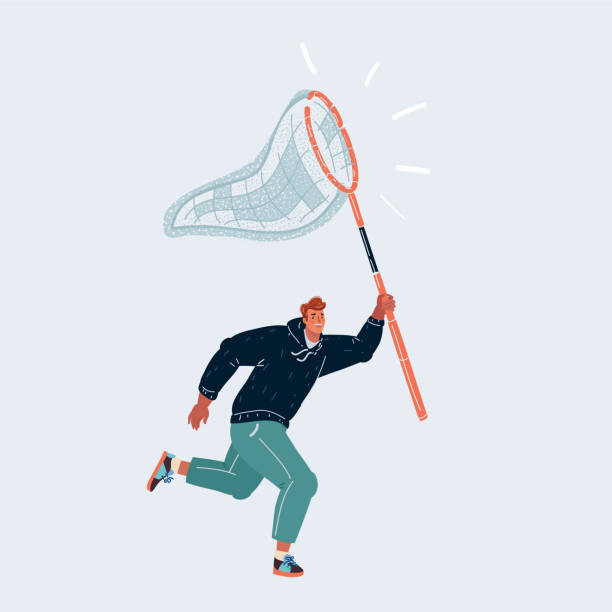 istock Vector illustration of Businessman with a butterfly net trying to catch something. Human character on white background. 1306483456