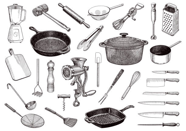 stockillustraties, clipart, cartoons en iconen met reeks vectortekeningen van keukenhulpmiddelen - gravure gefabriceerd object illustraties