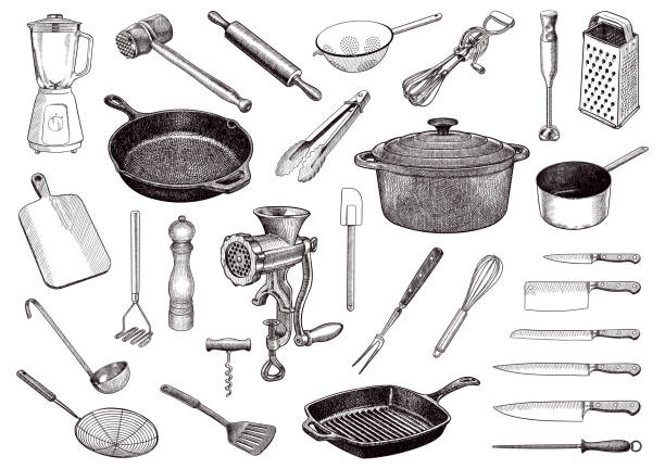 Set of vector drawings of kitchen tools Sketches of various kitchen utilities wire whisk stock illustrations