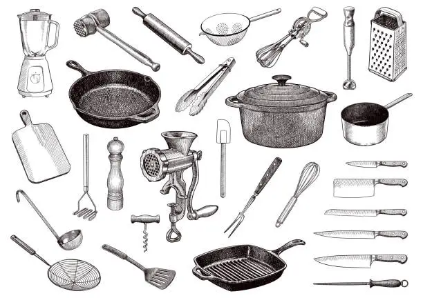 Vector illustration of Set of vector drawings of kitchen tools